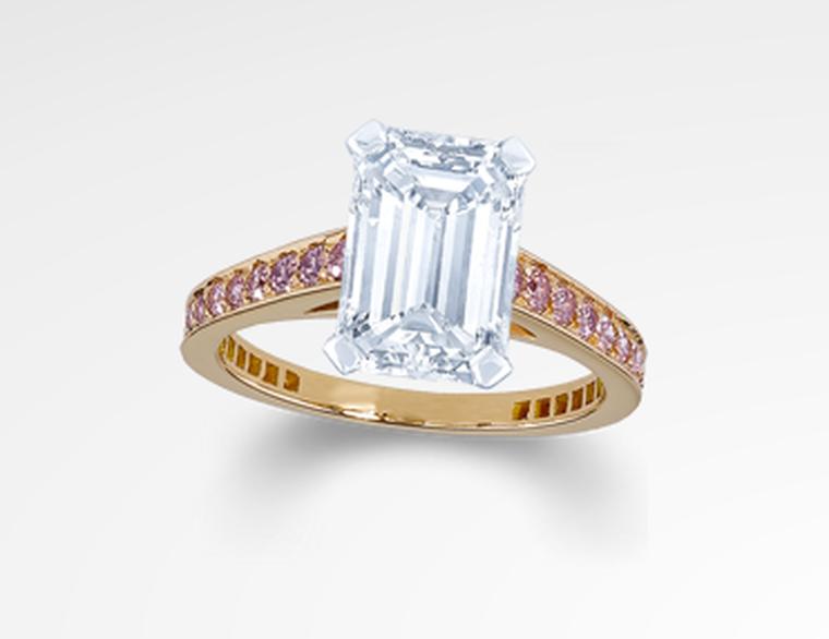 Graff emerald-cut diamond engagement ring in Graff's signature Flame setting with a rose gold band set with pink diamonds.